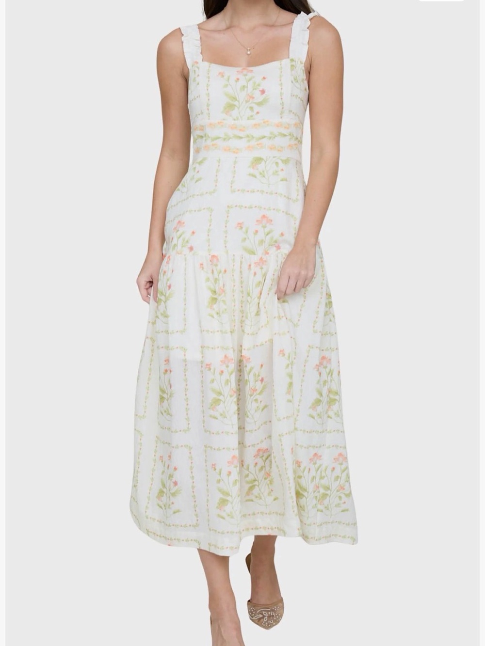 Blu Pepper Cream Midi Dress with Pink & Green Floral Print - Picture 5 of 13